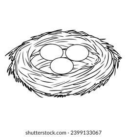 bird nest eggs line vector illustration,isolated on white background,top view