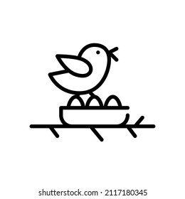 Bird at a nest with eggs. Pixel perfect editable stroke color icon