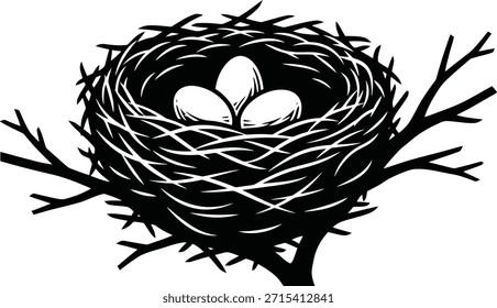Nido de pájaro con la Ilustración vectorial de la silueta de los huevos para los símbolos de la familia de la naturaleza y los diseños del concepto de la vida de la primavera.