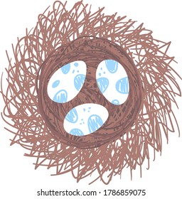 Bird nest with eggs, spring wildlife chick concept isolated on white, flat vector illustration. Springtime mood wicker twig jack, new life flora fauna spring period. Reproduction natural live.