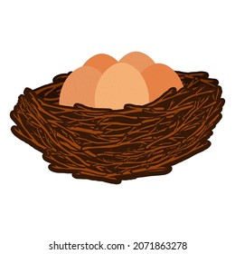 Bird nest with eggs vector cartoon illustration isolated on a white background.