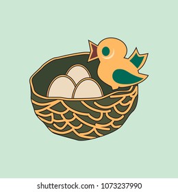 Bird at a nest with eggs. Vector children's illustration for registration and design.