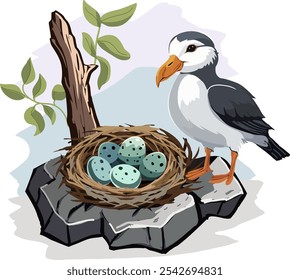 Ein Vogel und ein Nest mit Eiern.Vektorgrafik der Nahaufnahme von Vogel und Nest mit Eiern.