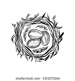 Bird nest with festive eggs, feathers hand drawn vintage symbol of Happy Easter, vector ink sketch illustration isolated on white, decorative element for holiday design, greeting card, invitation