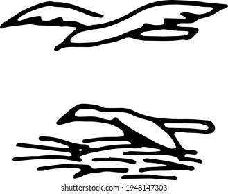 bird in the nest and flying bird, black outline
