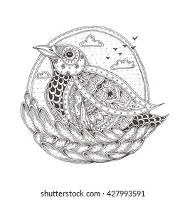 Bird in the nest. Hand-drawn with ethnic floral doodle pattern. Coloring page - zendala for adults, vector illustration, isolated on a white background. Zen doodles.