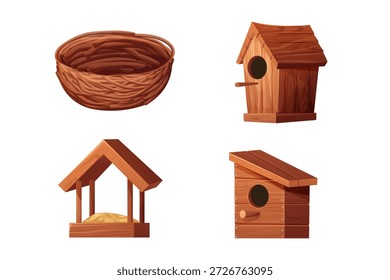 Nido de pájaro, casa de pájaro conjunto aislado. Nido vacío de madera y ramas de palos. Casa de pájaro del bosque. Primavera nueva vida. 
