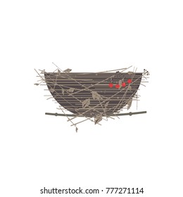 Bird nest icon. Cute Comic flat cartoon. Minimalism simplicity wildlife design. Birdhouse straw grass basket, tree branch. Birds home silhouette. Vector scavenging birdwatching card element background