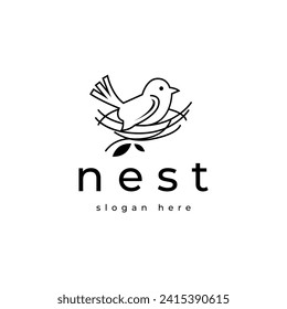 bird nest icon logo line illustration with leaf symbol logo vector template