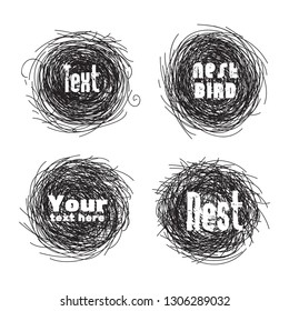 Bird nest icons black white circles sketch.