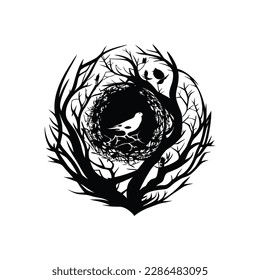 bird with nest illustration logo design symbol vector template