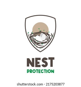 Bird nest illustration logo and shield protecting