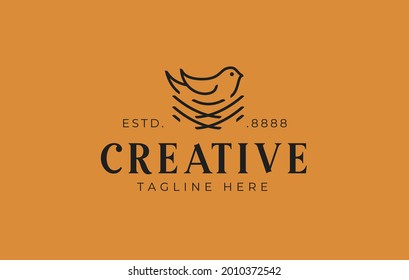 Bird Nest Incubation Logo Design Template. Vector Illustration of Abstract bird's nest isolated on orange background. Vintage Modern Logo Line Art Design Template