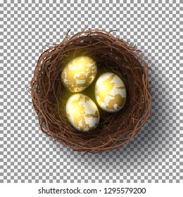 Bird nest isolated on transparent background. Realistic top view on wicker nest with white - golden eggs. Vector illustration.