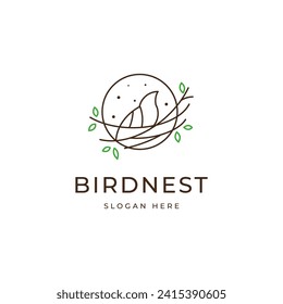 Ave con diseño de logo de nido con forma de círculo en el estilo de arte de línea
