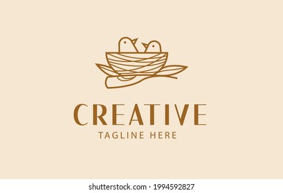 Bird nest Logo Design. Illustration of two bird on their nest with a leaf. Vector Design.