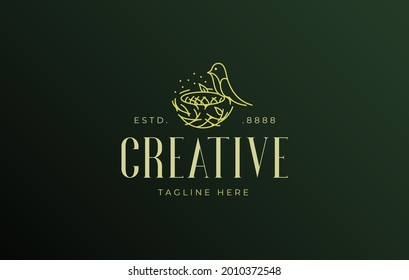 Bird Nest Logo Design Template. Vector Illustration of A Birds make nests. Vintage Modern Logo Line Art Design Template