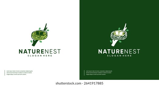 bird nest logo with log, symbol of warmth, strength, from nature, graphic design template.