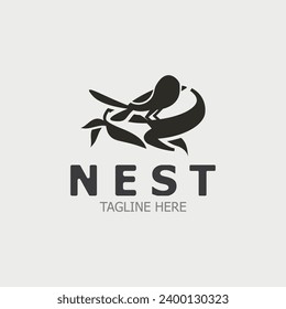 Bird nest logo natural root and leaf habitat bird house isolated template vector