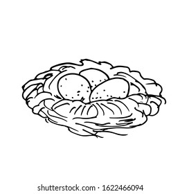 Bird nest made of branches with eggs, doodle style. Black and white sketch drawn by hands. Stock vector illustration. White isolated background.