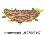 Bird nest made of branches with green leaves isolated on white background, natural habitat concept, home, safety, ecology and wildlife illustration