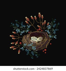 Bird nest and meadow herbs. Fashion spring garden template for clothes, t-shirt design. Embroidery floral style