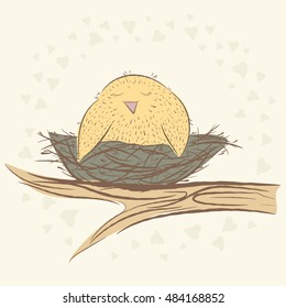 A bird in the nest, mom. cute birds.  hand drawn, cartoon style. suitable for printing on a t-shirt or sweatshirt, shirt design, print bird, sketch bird, Children's fashion shirt. Cute bird vintage