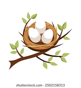 Bird Nest on Branch with Eggs Vector Illustration - Cartoon, Clipart, and Line Art Design