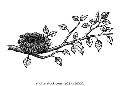 Bird Nest on Tree Branch Hand Drawn Vector