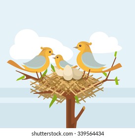 Bird nest on the tree branch with bird family. Vector flat illustration