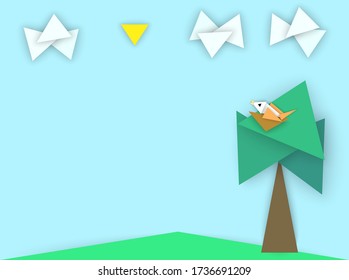 Bird in nest on a tree, sun and clouds, vector illustration in abstract style of paper cut from triangles, background with empty copy space