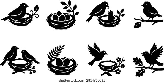 Bird and nest silhouette designs with eggs, chicks, and leafy branches