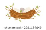 Bird nest of small twigs with chick inside flat icon. Vector illustration