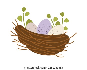 Bird nest of small twigs with eggs inside flat icon. Vector illustration