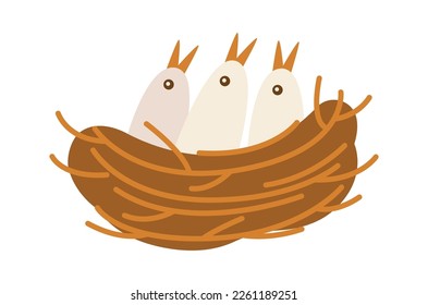 nido de pájaro de pequeñas ramas con tres pollitos dentro del icono plano. Ilustración del vector