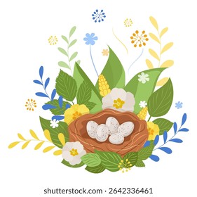 Bird nest with speckled eggs among grass and flowers. Color isolated vector illustration. Green, yellow, blue color. Beautiful picture of bird house among plants