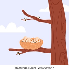 Bird nest with spotted eggs on the tree branch. Bird house on the wood vector flat illustration. Cartoon nature wildlife, nestling, new life