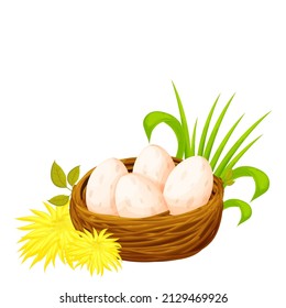 Bird nest from sticks with eggs decorated with leaves, grass and dandelion flowers in cartoon style isolated on white background. Spring clip art, nestling. new life.