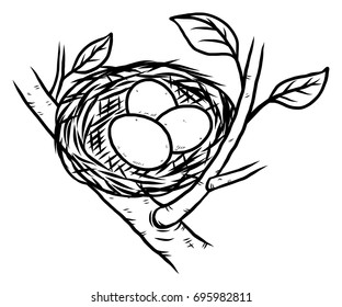 bird nest and three eggs / cartoon vector and illustration, black and white, hand drawn, sketch style, isolated on white background.