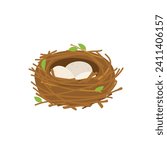 Bird nest with three eggs inside isolated on white background. Vector illustration