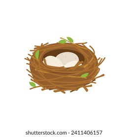 Bird nest with three eggs inside isolated on white background. Vector illustration