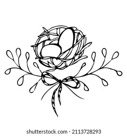 Bird nest two eggs hand drawn vector sketch