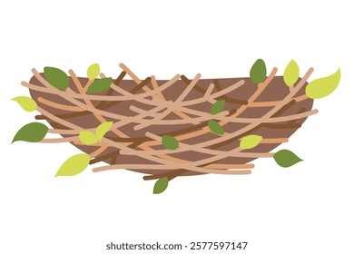 Bird Nest, vector illustration. Nesting party. Easter holidays. Spring, leaves, cozy nest. Flat vector style