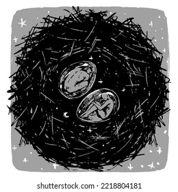 Bird nest in which eggs with people are located. The concept of creating life, emergence of mankind. Monochrome hand drawn vector illustration. Abstract picture isolated on white..