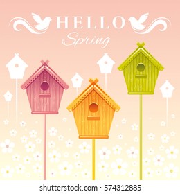 Bird Nesting box birdhouse, hello spring landscape vector illustration. Sunset sky, house, cherry blossom flowers. Text lettering flat logo, flying starling birds. Nature cute cartoon poster frame