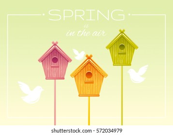 Bird Nesting box birdhouse spring landscape vector illustration. Sunny sky, wood house view. Text lettering flat logo with flying starling birds. Nature cute elegant cartoon poster frame.