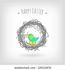 Bird nesting Easter eggs, greeting card
