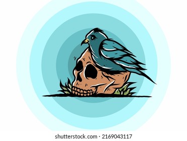 Bird nesting in skull illustration design