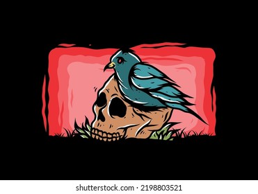 Bird nesting in skull illustration design