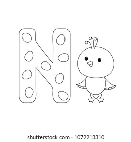 Bird nestling for letter N in kids alphabet. Hand drawn outline cartoon character and letter for children`s typeface, cute smiling birdie, for baby developing card, kids ABC, coloring book, game.